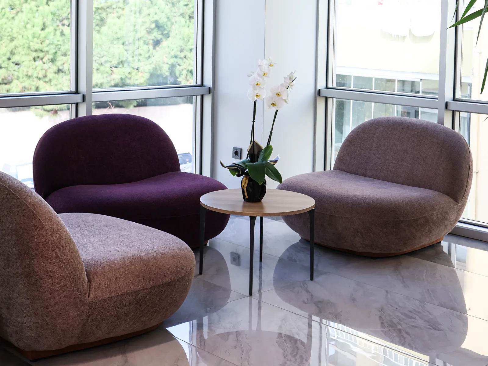 Armchairs and a small table by the windows in the patient lounge